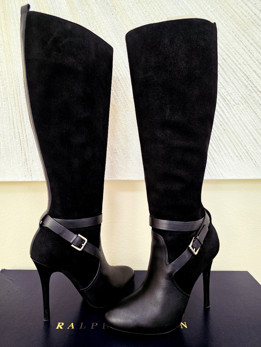Ralph Lauren Black Leather & Suede Knee-High Stiletto Buckle Boots - Size US 8.5 - Picture 4 of 15